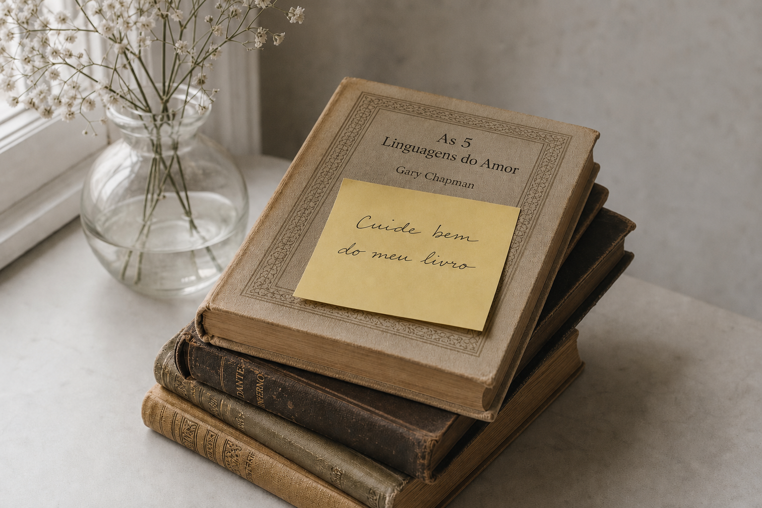 Livro 'As 5 Linguagens do Amor' de Gary Chapman com um post-it amarelo escrito à mão