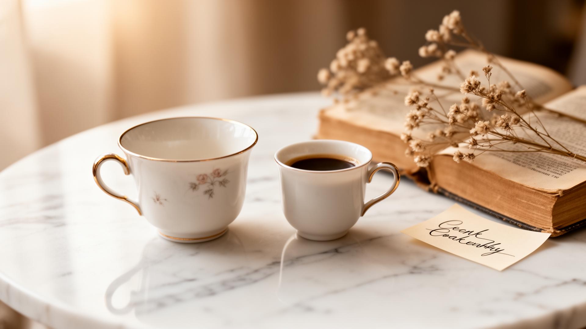 Xícara de chá e café sobre mármore, com um livro e flores secas